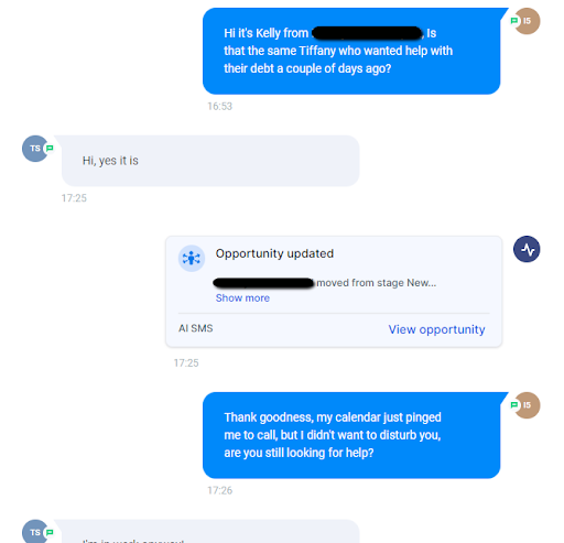SMS conversation between AI and lead